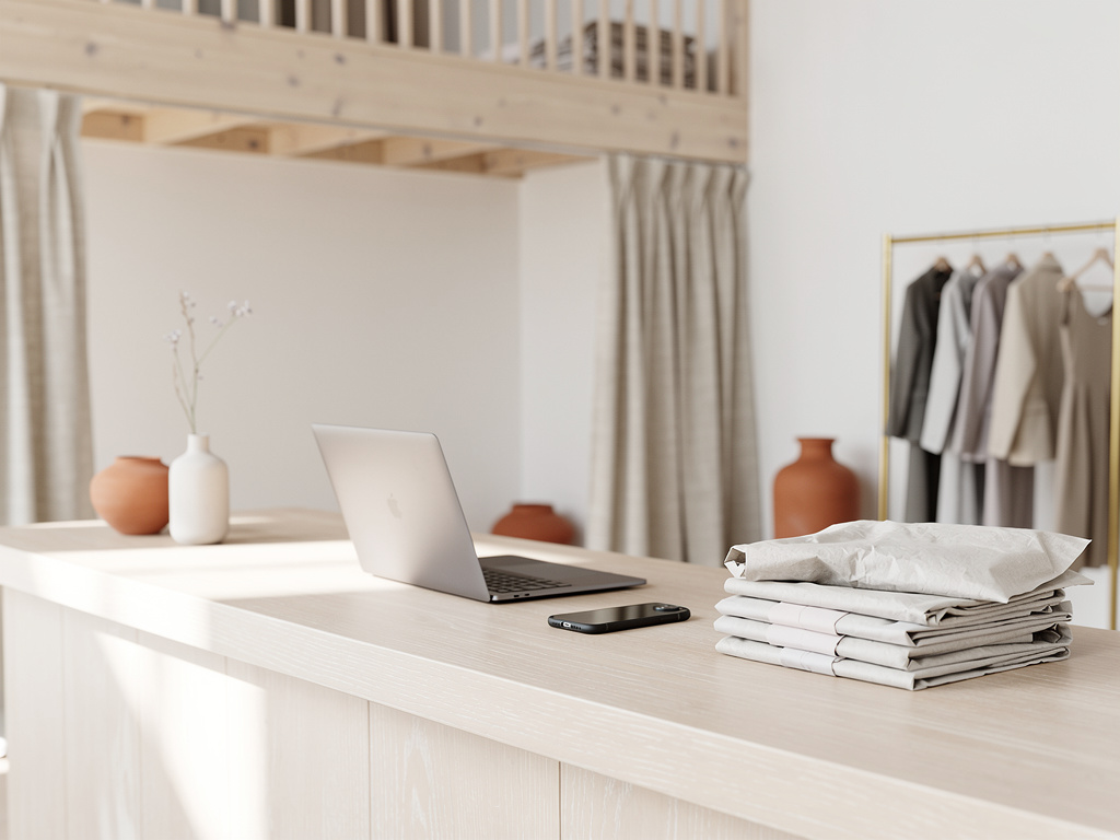 The boutique's oak counter with a laptop, a phone, a small vase and folded tissue paper, with an empty fitting area soft