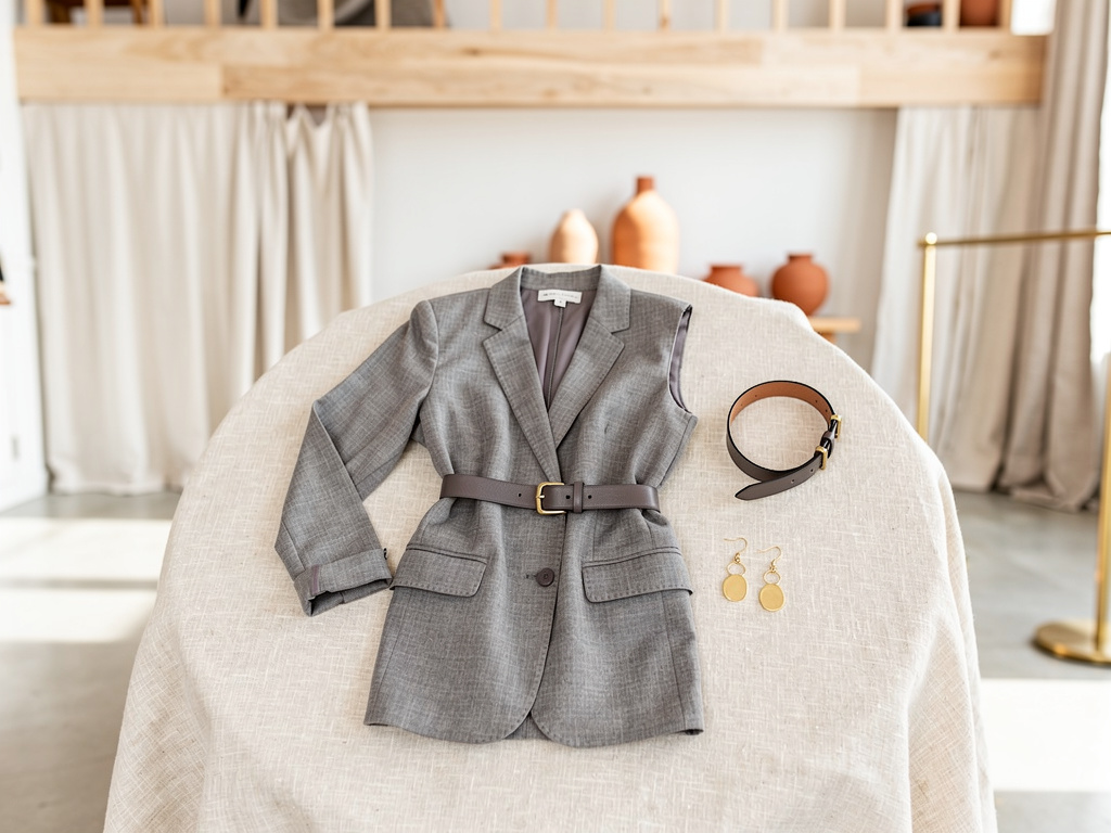 A styled outfit laid flat on a linen surface with a belt and gold earrings placed beside it.