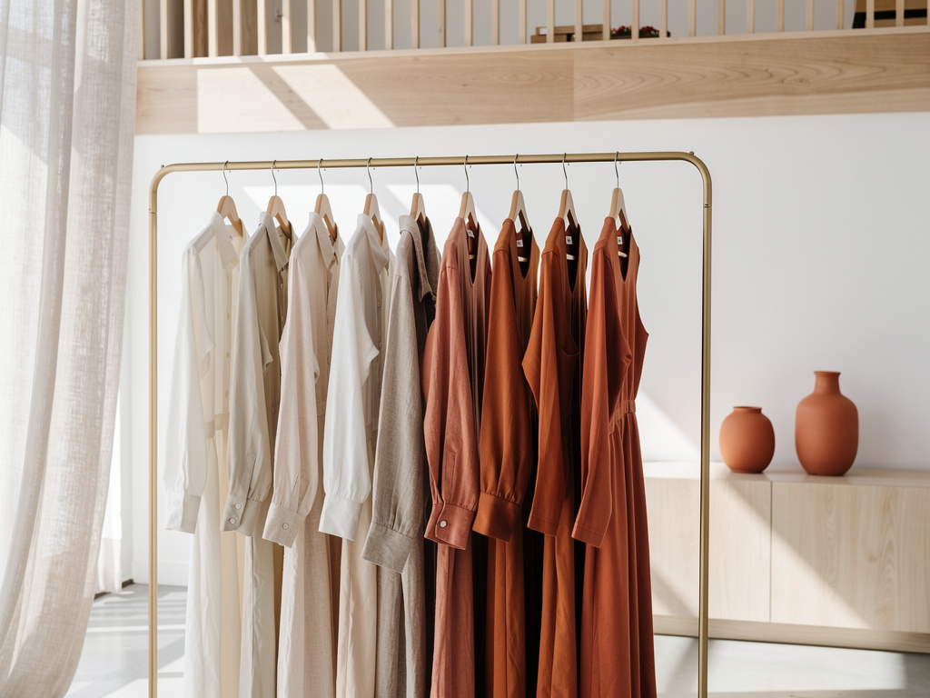 A rail of blouses and dresses moving from neutral to terracotta tones in the bright loft.