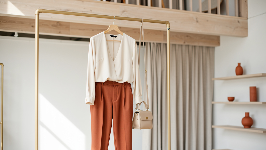 A complete look of a cream blouse, terracotta trousers and a structured bag hanging on a matte gold rail beneath the bou