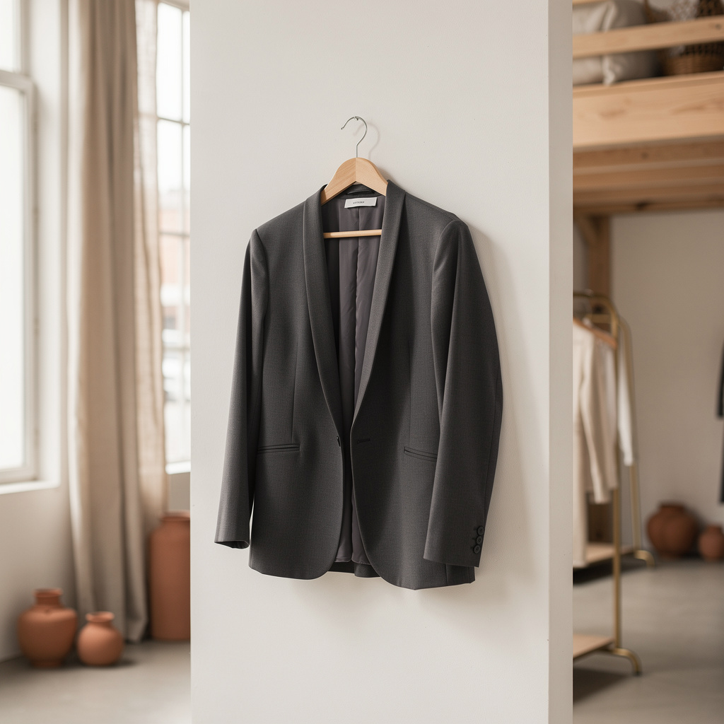 An unbranded, softly structured graphite blazer on a wooden hanger against a clean off-white wall.