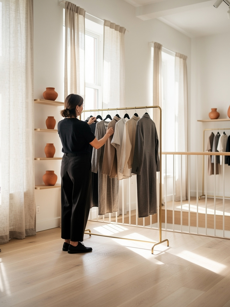A stylist seen from behind arranging garments on a rack upstairs on the mezzanine, with soft light falling across the oa